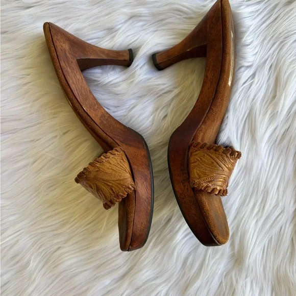 Steve Madden Donna Leather Slide Sandals Brown Wood Heel Boho Mules Size 8.5 - Picture 4 of 7